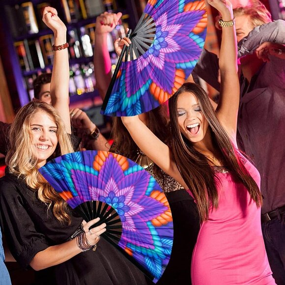 Folding Hand Fan for Rave, UV Glow Fan, Large Bamboo Fan for Drag Queen, Women a - Picture 6 of 8
